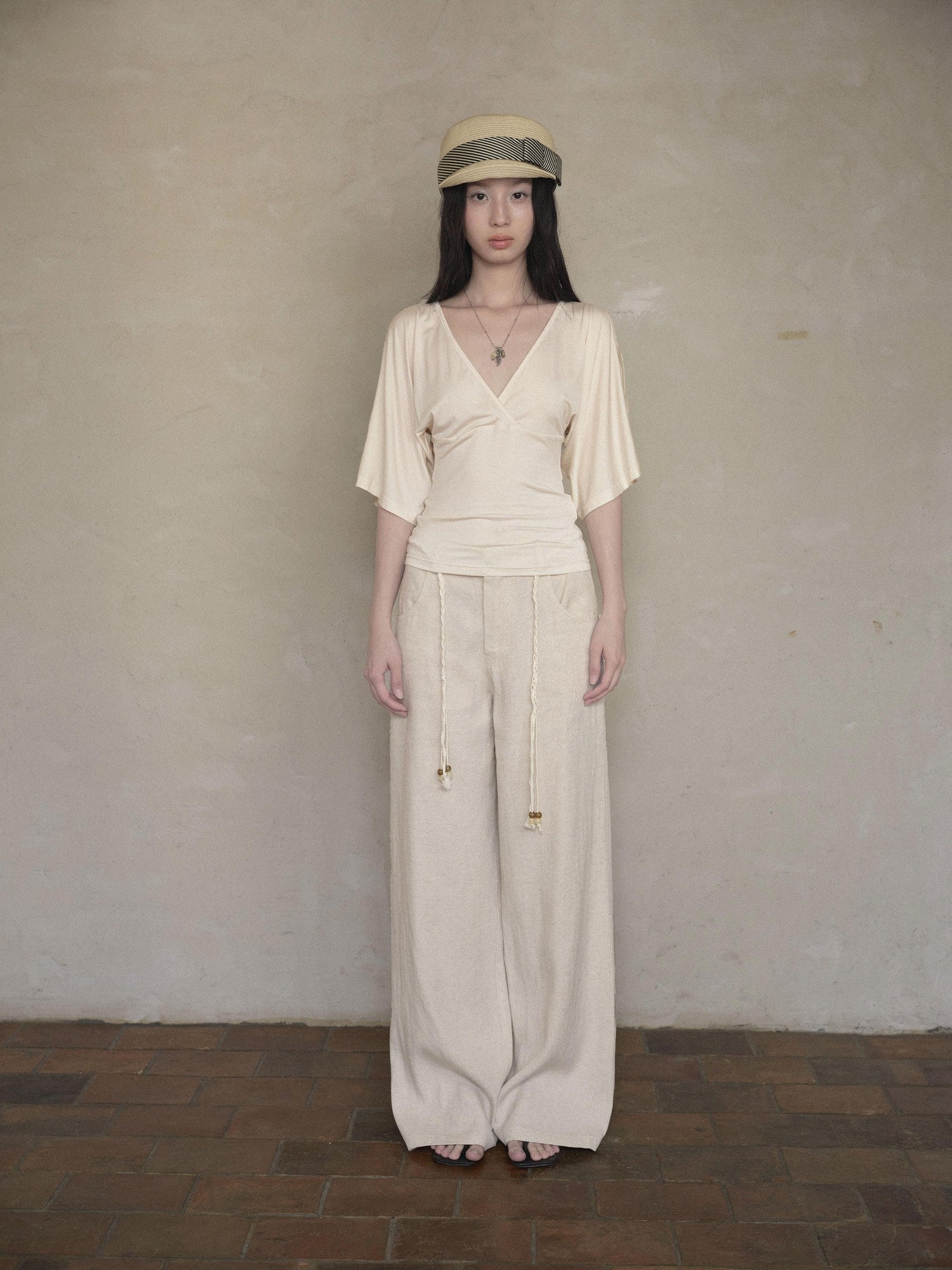 DKZ OFFICIAL Beige Natural Waist Drawstring Button Women&