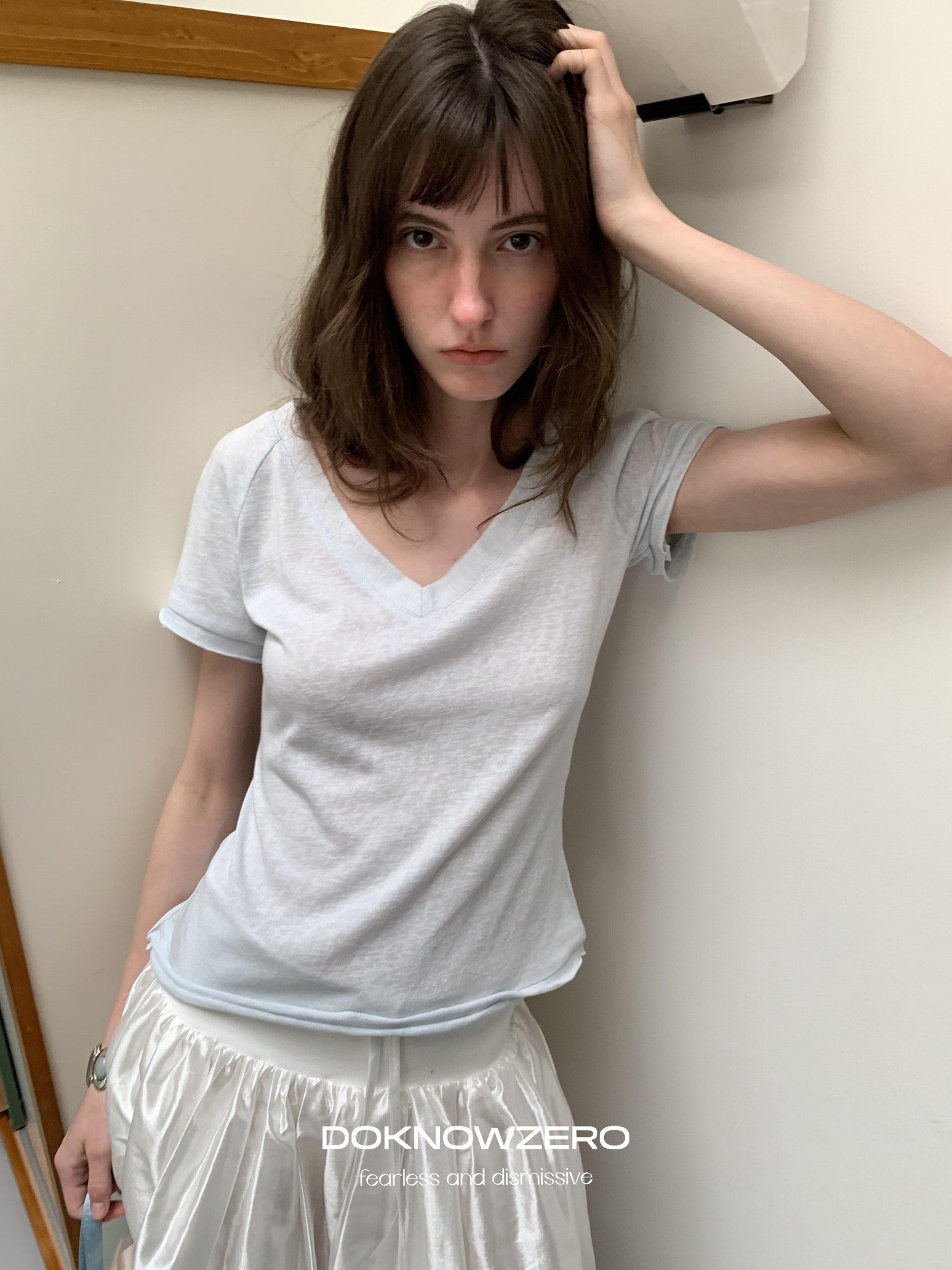 DKZ OFFICIAL Beige V-neck Slim Linen Texture Women&