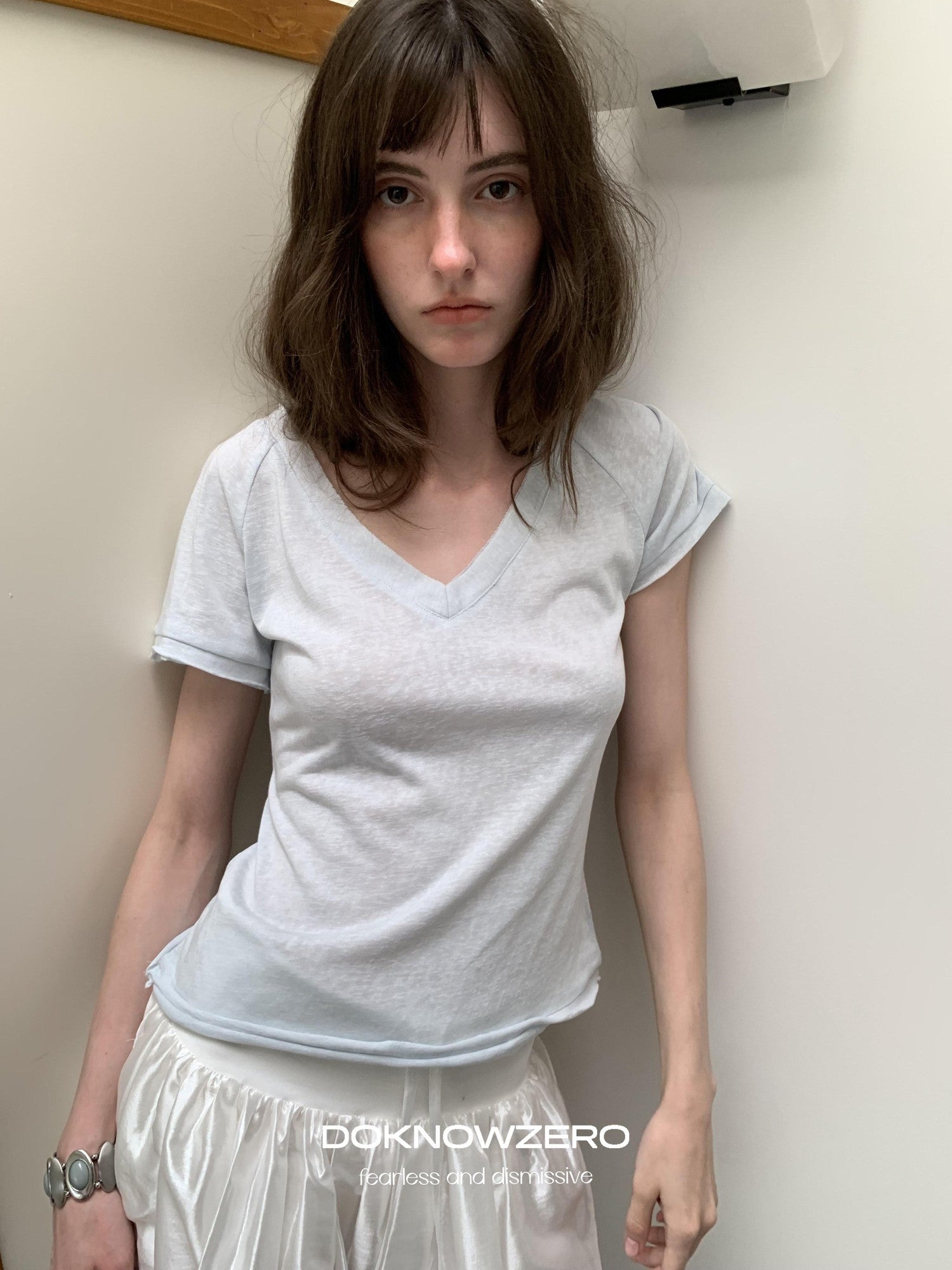 DKZ OFFICIAL Beige V-neck Slim Linen Texture Women&