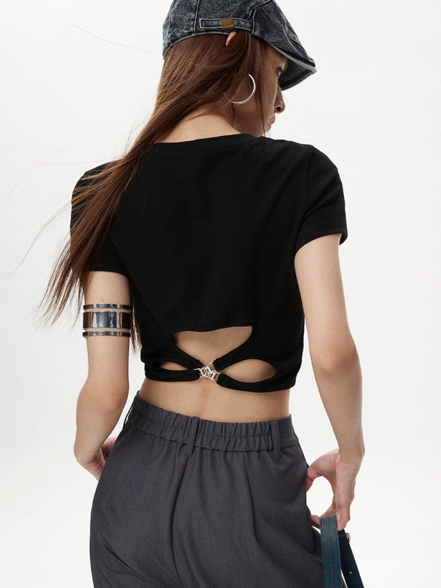 DKZ OFFICIAL Black Cropped Back Metal Buckle Printed Women&