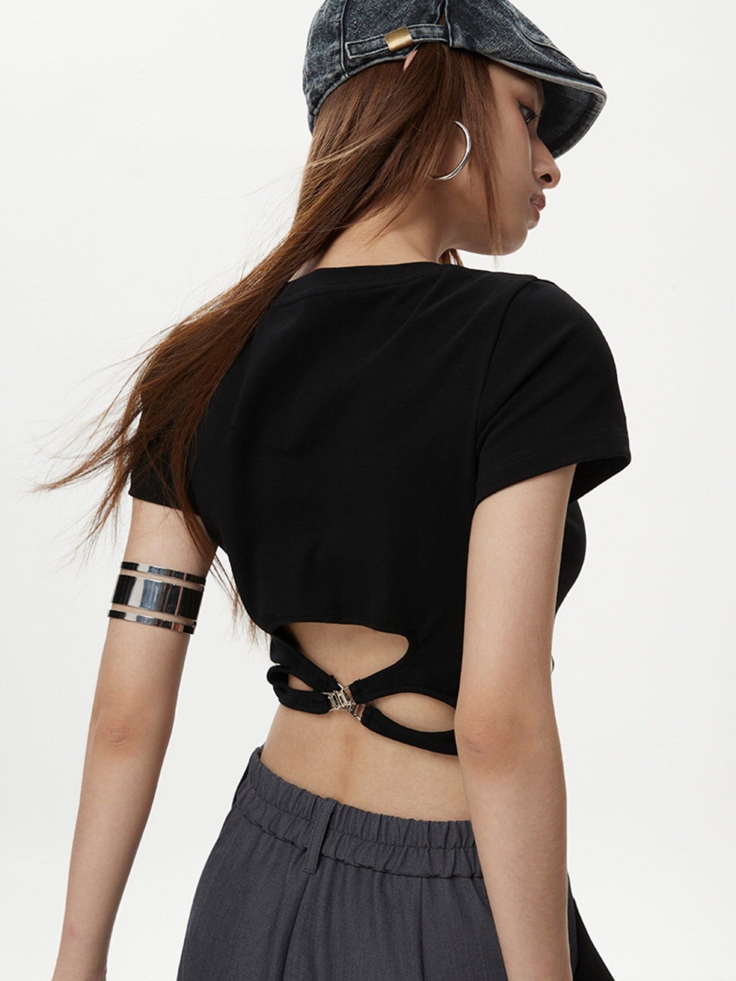 DKZ OFFICIAL Black Cropped Back Metal Buckle Printed Women&