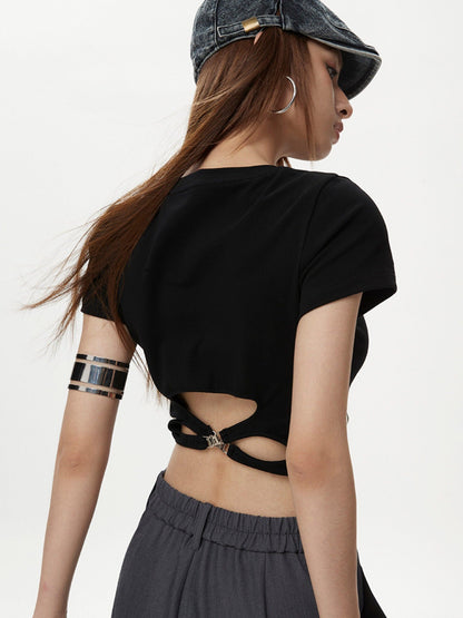 DKZ OFFICIAL Black Cropped Back Metal Buckle Printed Women&