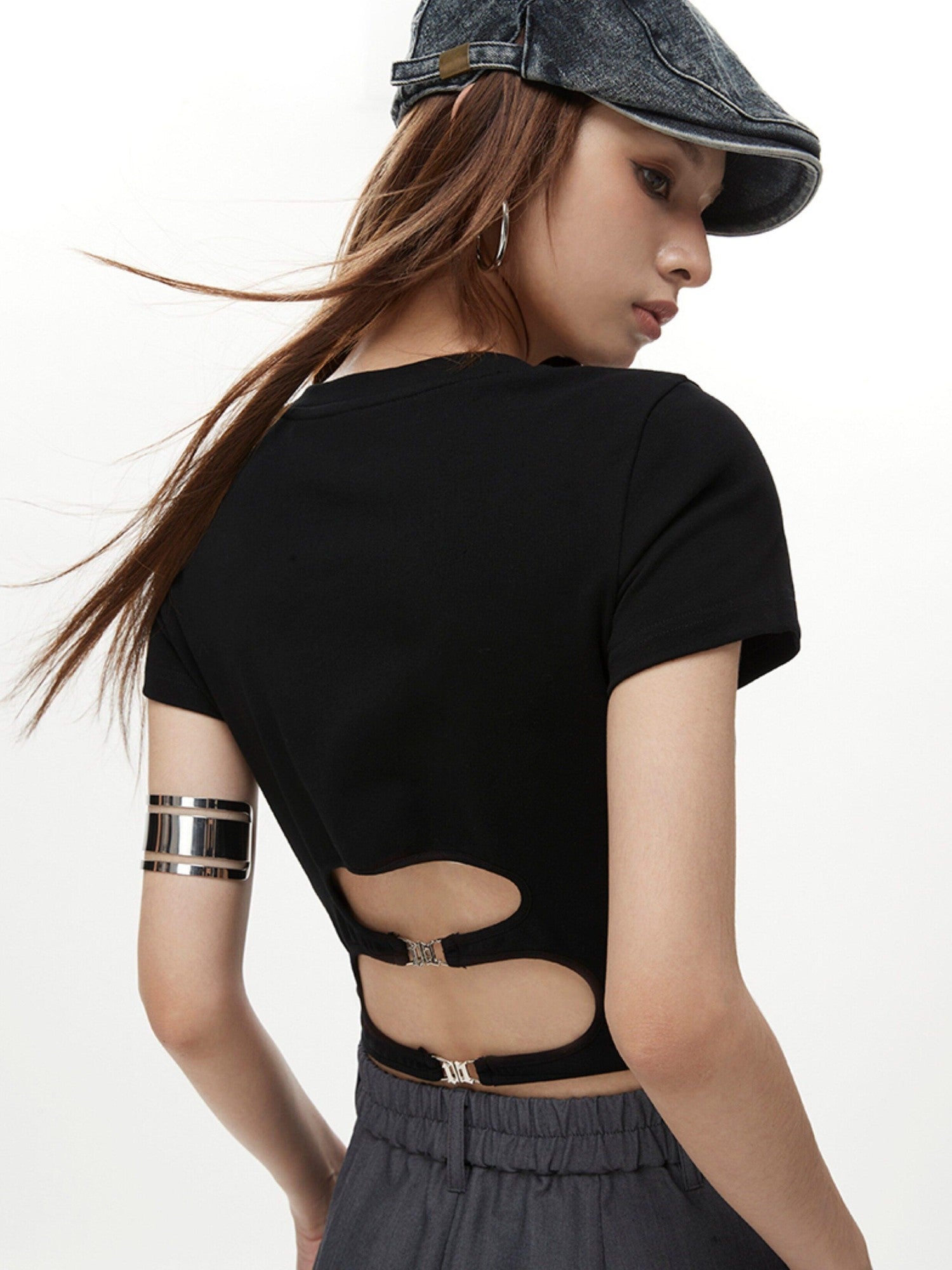 DKZ OFFICIAL Black Cropped Back Metal Buckle Printed Women&
