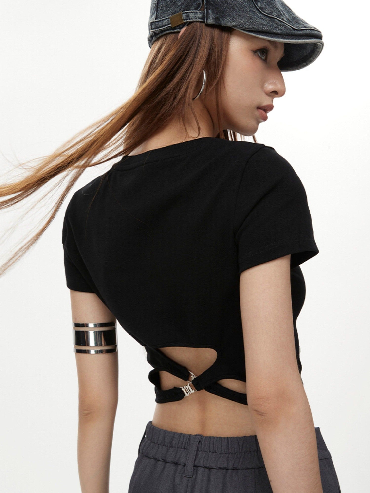 DKZ OFFICIAL Black Cropped Back Metal Buckle Printed Women&