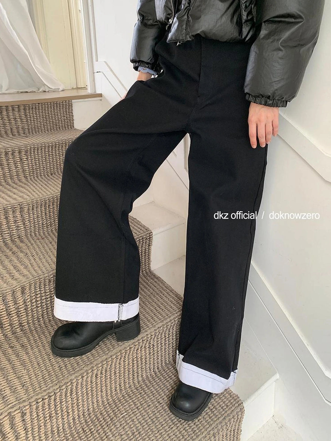 DKZ OFFICIAL Black Flannel Wide Leg Cuff Pants For Women