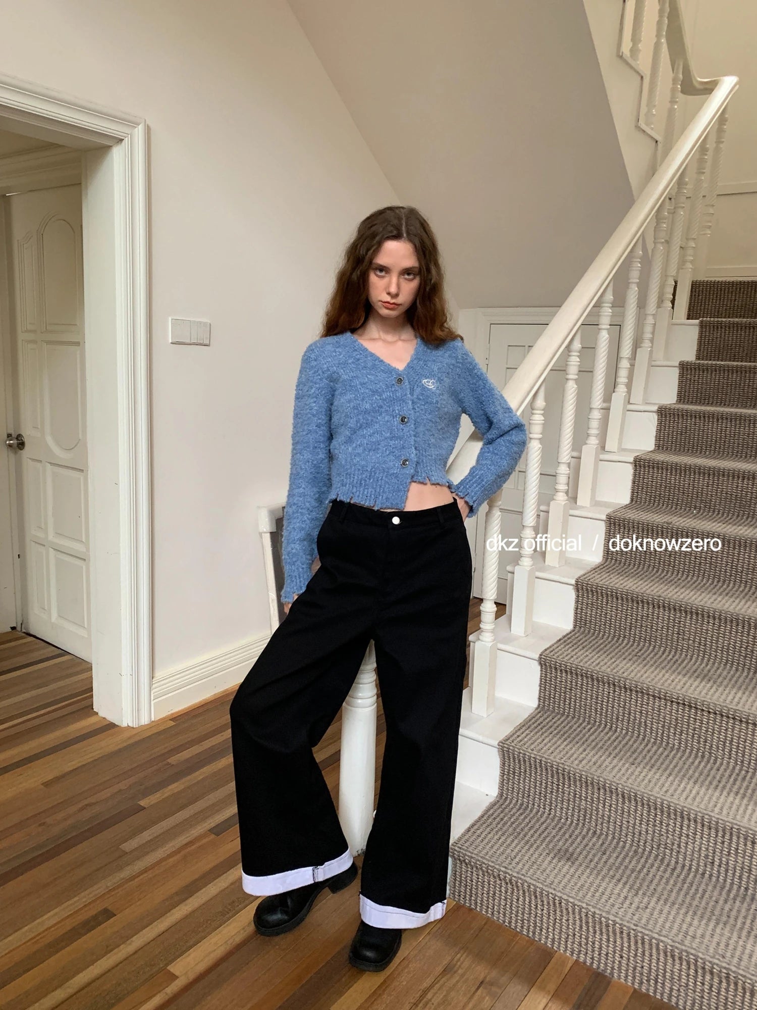 DKZ OFFICIAL Black Flannel Wide Leg Cuff Pants For Women