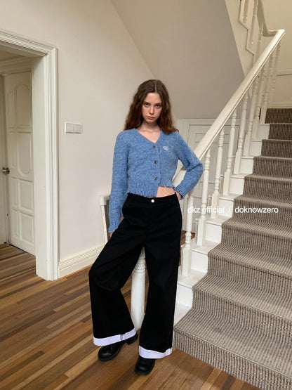 DKZ OFFICIAL Black Flannel Wide Leg Cuff Pants For Women