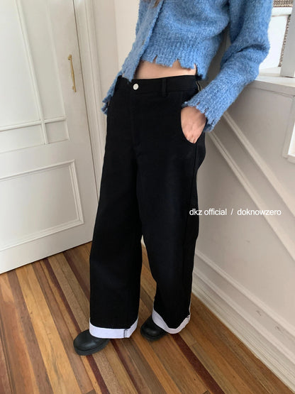 DKZ OFFICIAL Black Flannel Wide Leg Cuff Pants For Women