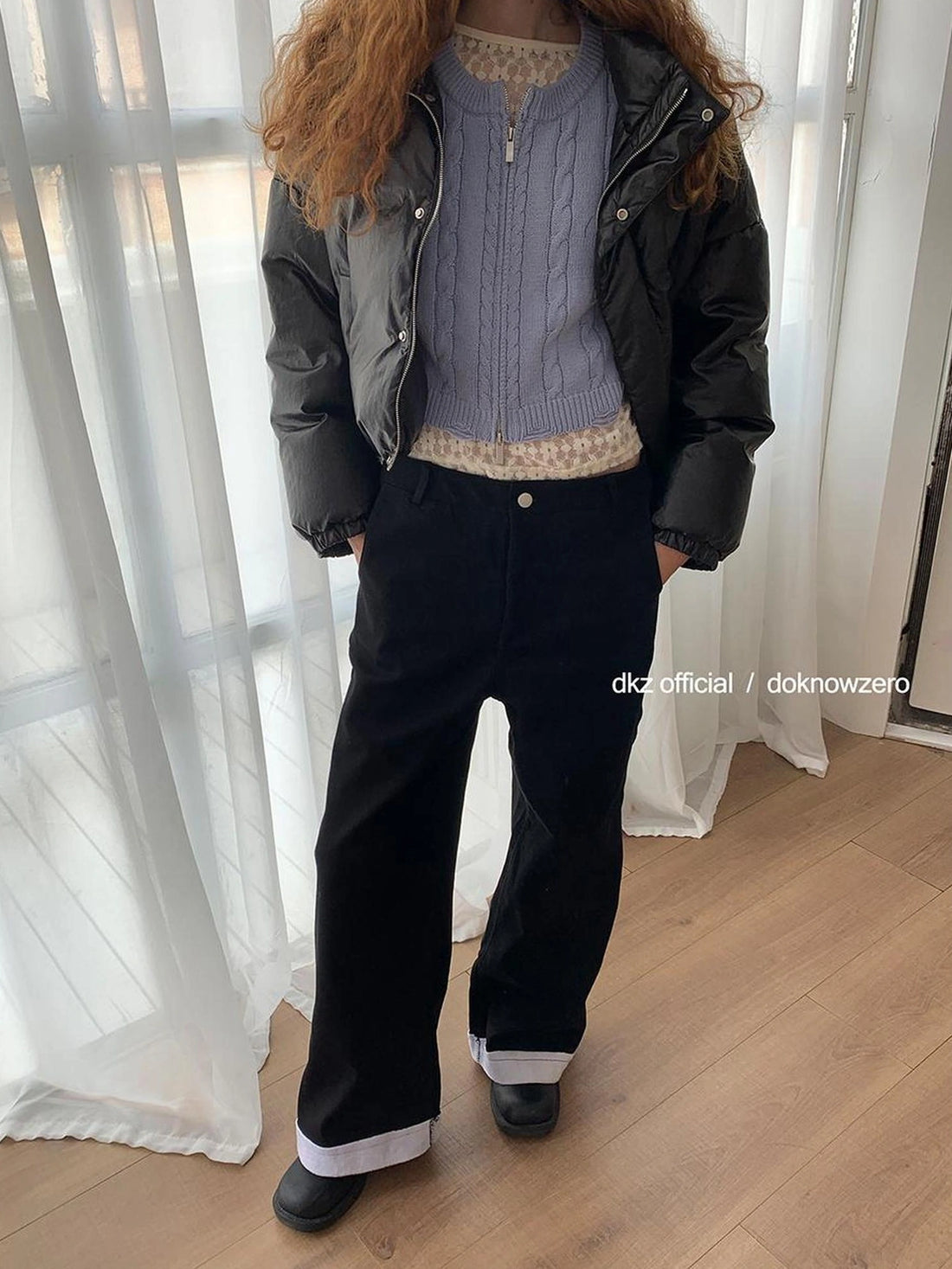 DKZ OFFICIAL Black Flannel Wide Leg Cuff Pants For Women