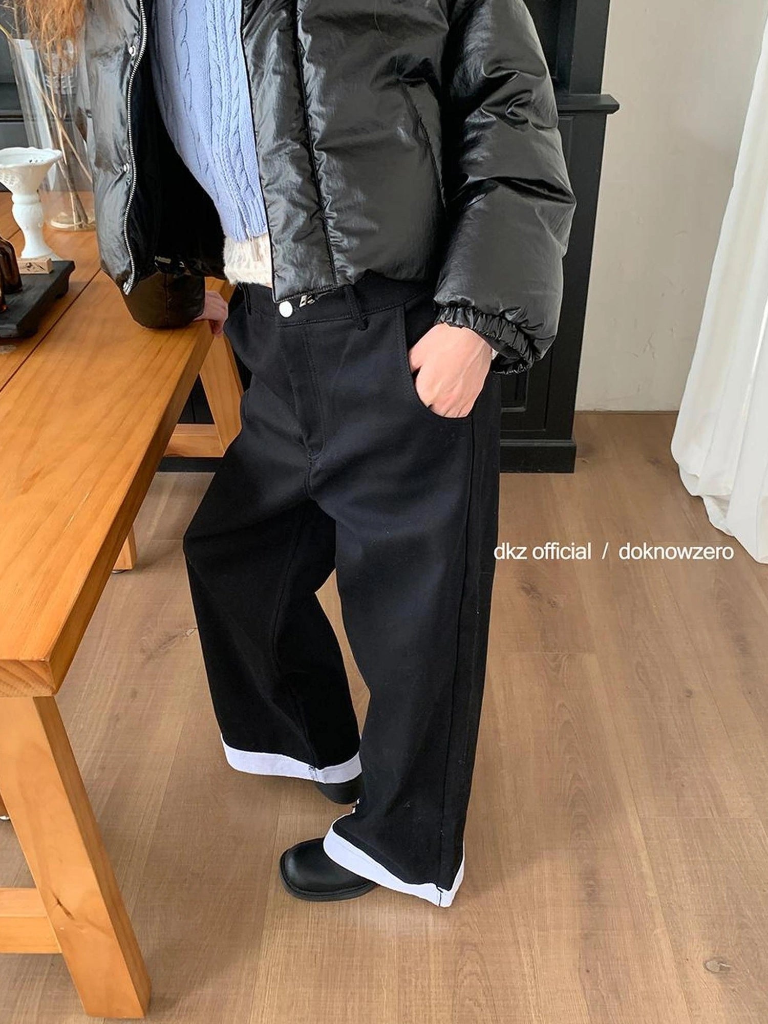 DKZ OFFICIAL Black Flannel Wide Leg Cuff Pants For Women