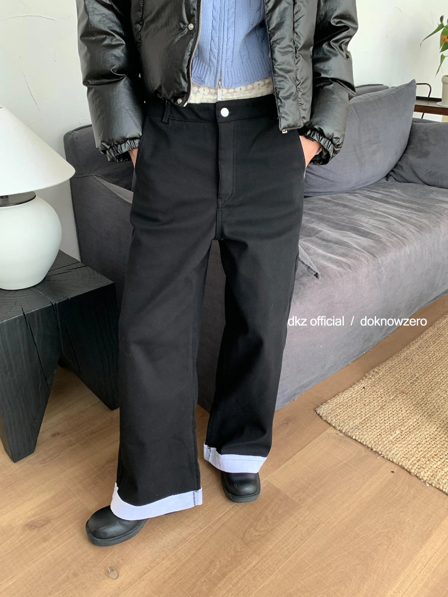 DKZ OFFICIAL Black Flannel Wide Leg Cuff Pants For Women