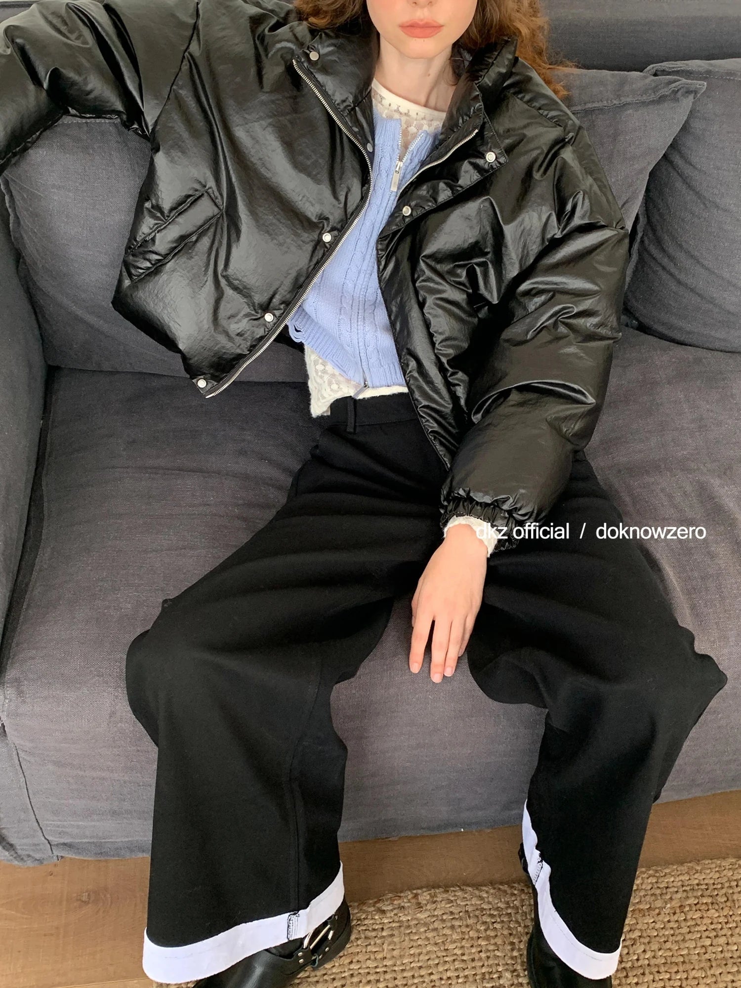 DKZ OFFICIAL Black Flannel Wide Leg Cuff Pants For Women