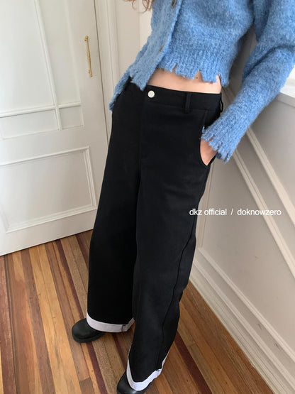 DKZ OFFICIAL Black Flannel Wide Leg Cuff Pants For Women