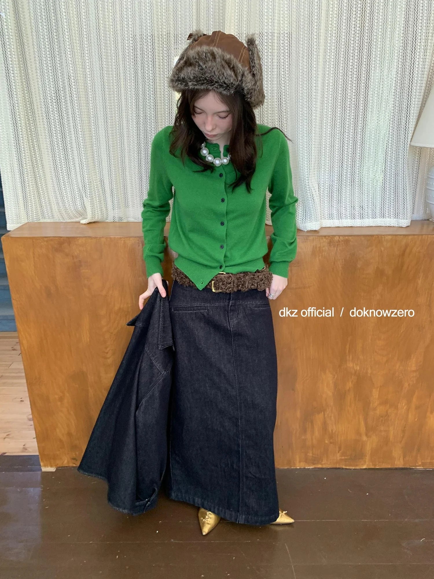 Black Flocked Denim Slit Skirt