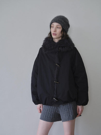 DKZ OFFICIAL Black Fur Trimmed Collar Loose Fit Women&