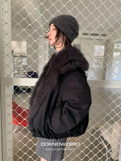 DKZ OFFICIAL Black Fur Trimmed Collar Loose Fit Women&