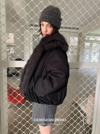 DKZ OFFICIAL Black Fur Trimmed Collar Loose Fit Women&