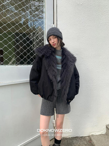 DKZ OFFICIAL Black Fur Trimmed Collar Loose Fit Women&