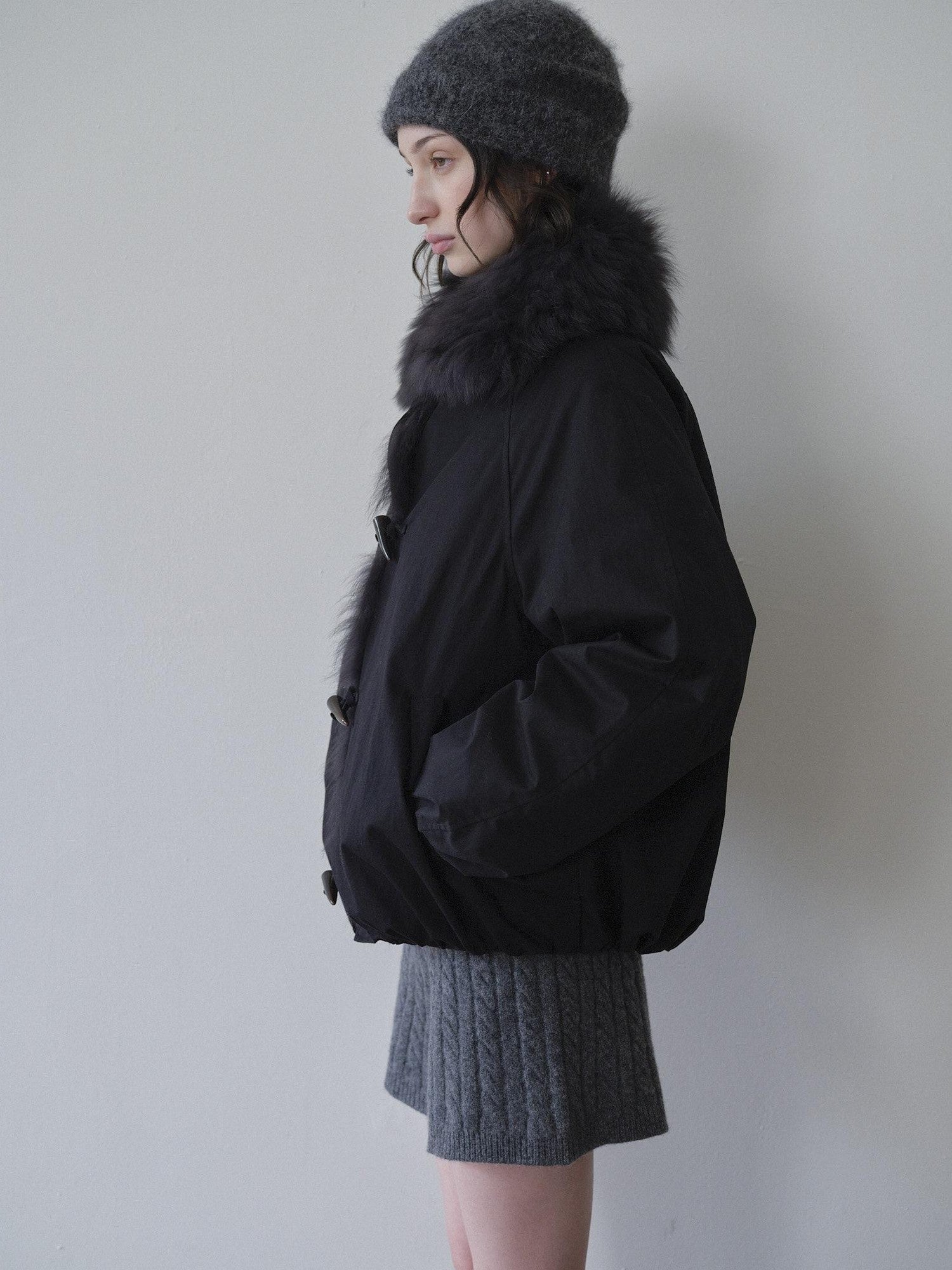 DKZ OFFICIAL Black Fur Trimmed Collar Loose Fit Women&