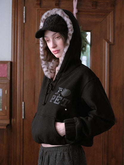DKZ OFFICIAL Black Leopard Print Fuzzy Hooded Women&