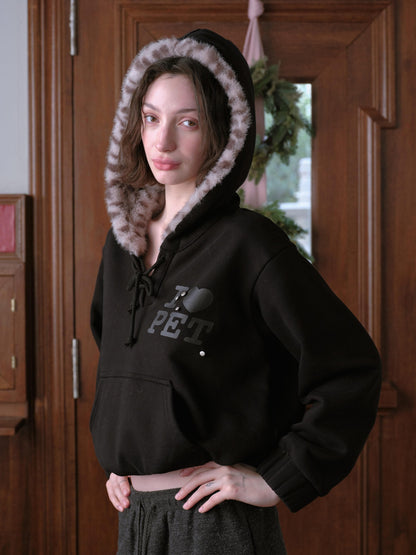 DKZ OFFICIAL Black Leopard Print Fuzzy Hooded Women&