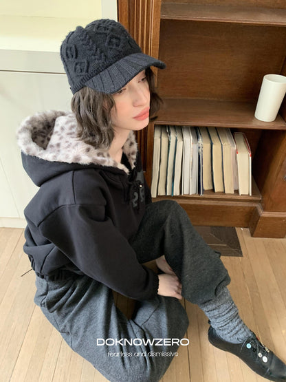 DKZ OFFICIAL Black Leopard Print Fuzzy Hooded Women&