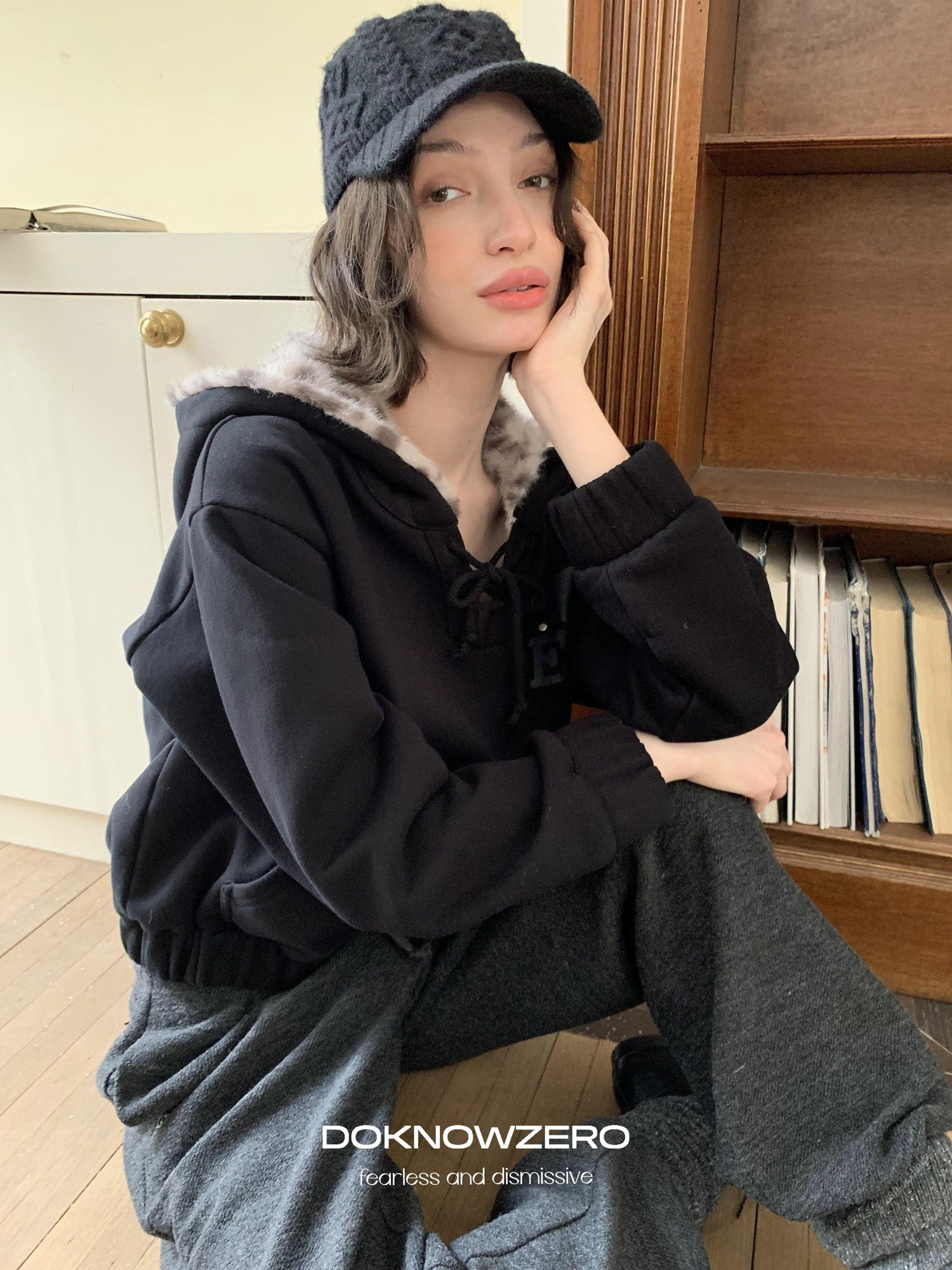 DKZ OFFICIAL Black Leopard Print Fuzzy Hooded Women&