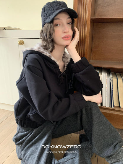 DKZ OFFICIAL Black Leopard Print Fuzzy Hooded Women&