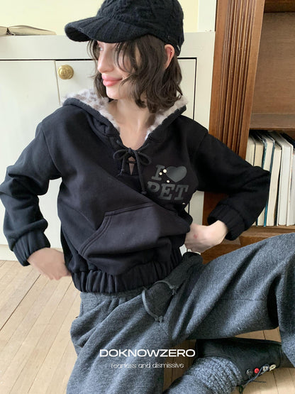 DKZ OFFICIAL Black Leopard Print Fuzzy Hooded Women&