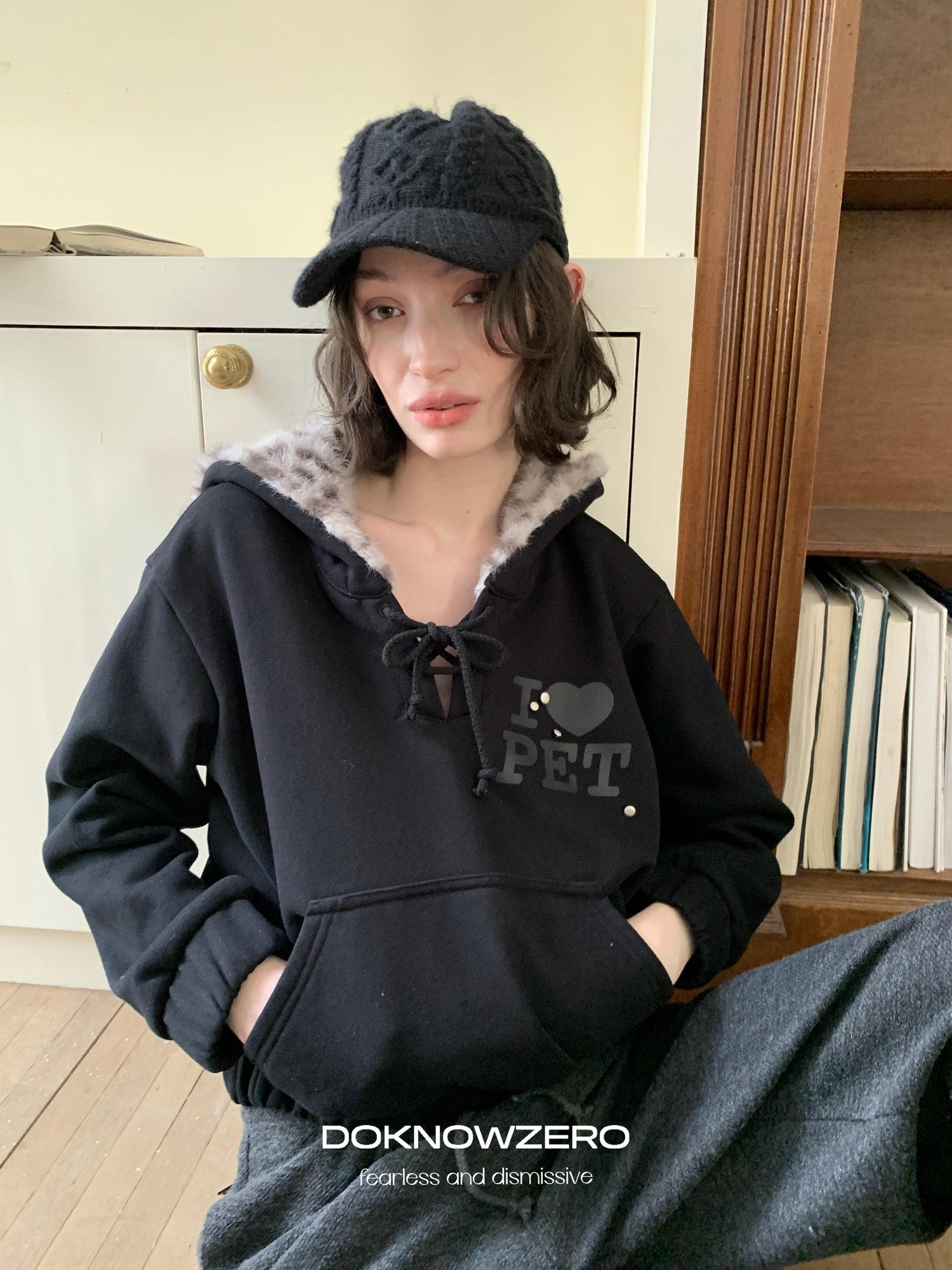 DKZ OFFICIAL Black Leopard Print Fuzzy Hooded Women&