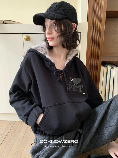 DKZ OFFICIAL Black Leopard Print Fuzzy Hooded Women&