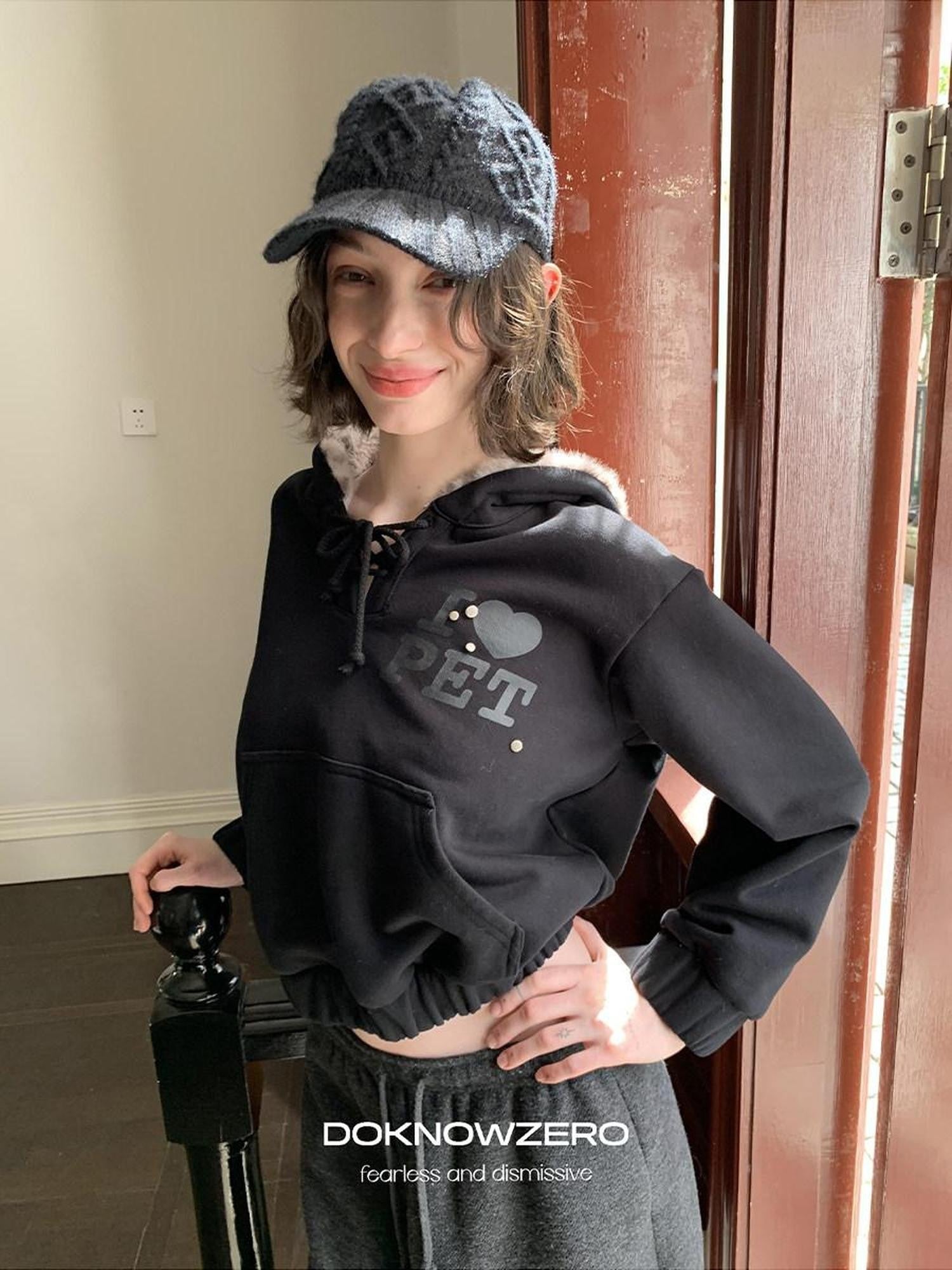 DKZ OFFICIAL Black Leopard Print Fuzzy Hooded Women&