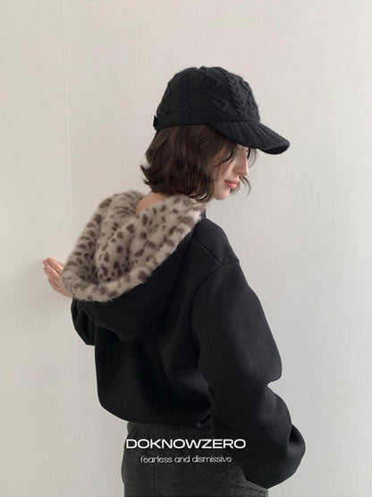 DKZ OFFICIAL Black Leopard Print Fuzzy Hooded Women&