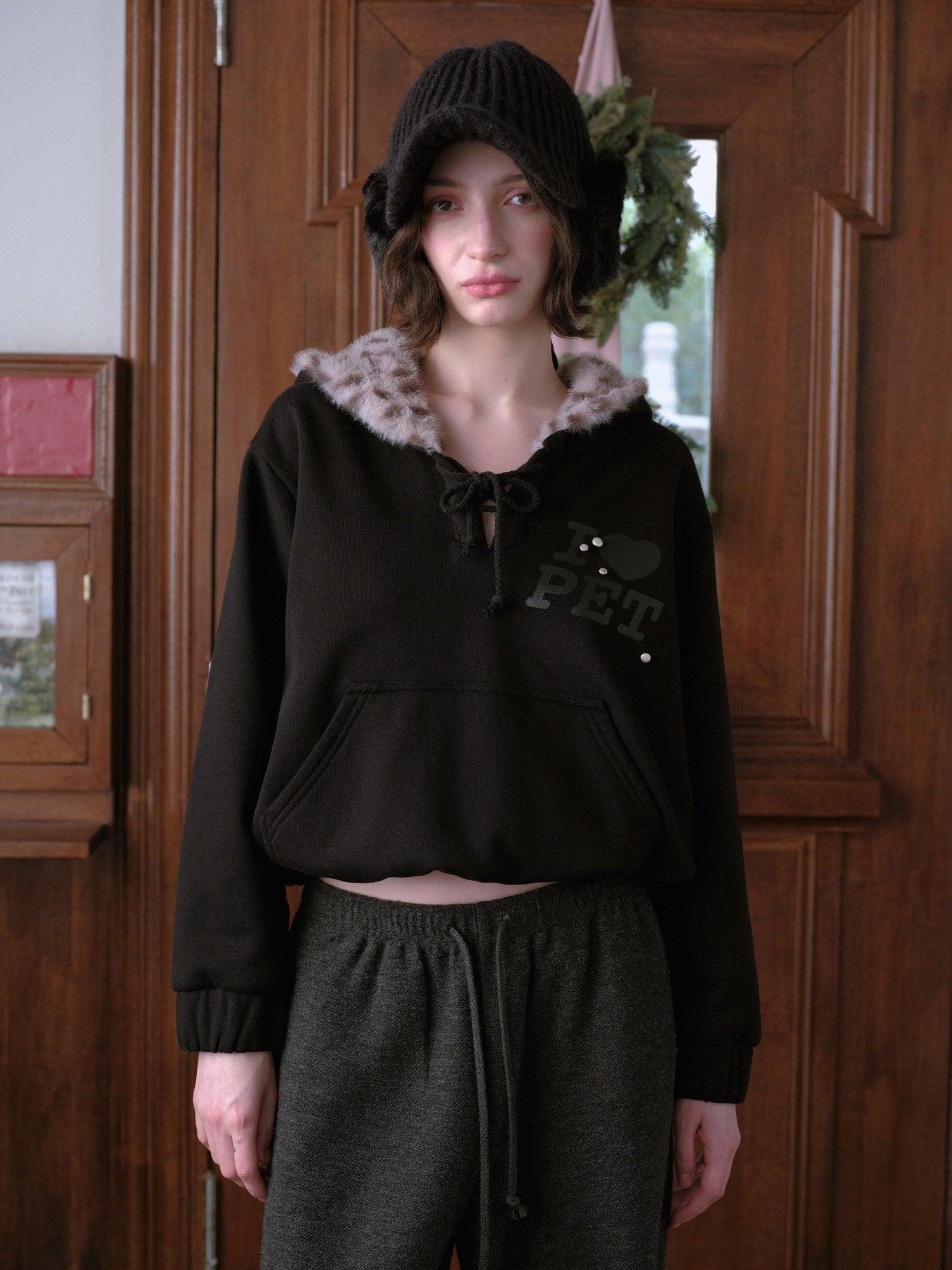 DKZ OFFICIAL Black Leopard Print Fuzzy Hooded Women&