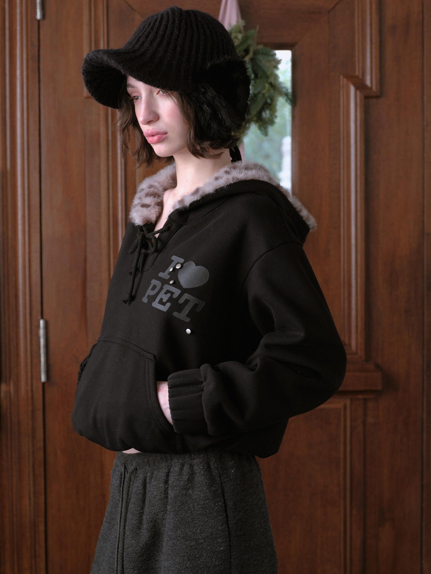 DKZ OFFICIAL Black Leopard Print Fuzzy Hooded Women&