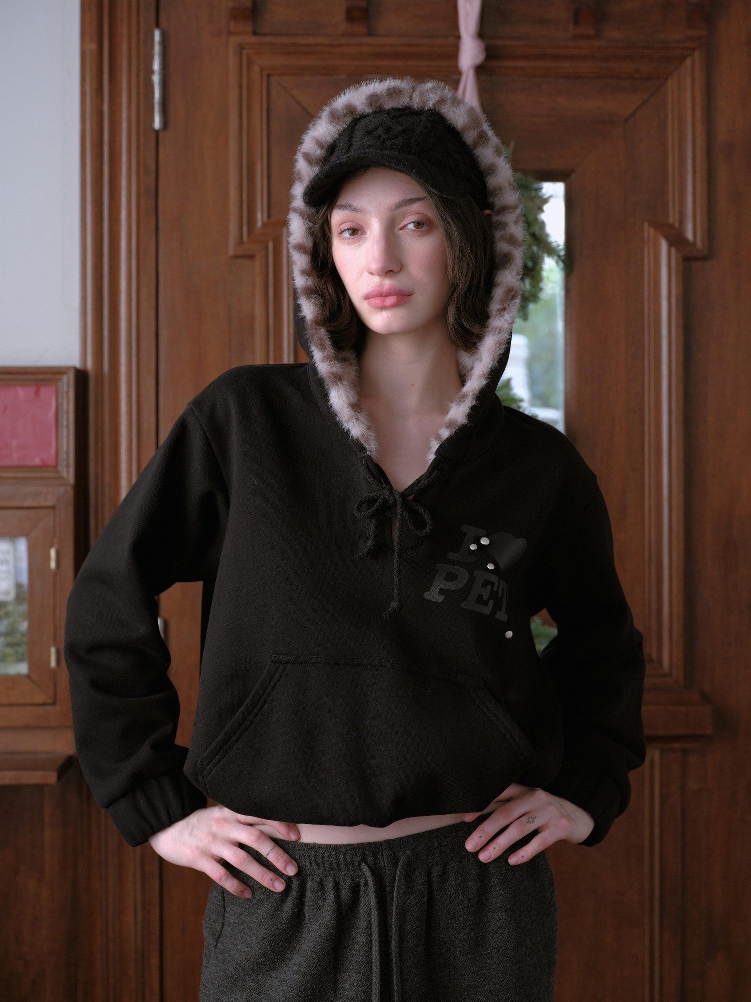 DKZ OFFICIAL Black Leopard Print Fuzzy Hooded Women&