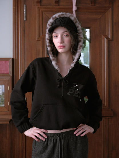 DKZ OFFICIAL Black Leopard Print Fuzzy Hooded Women&
