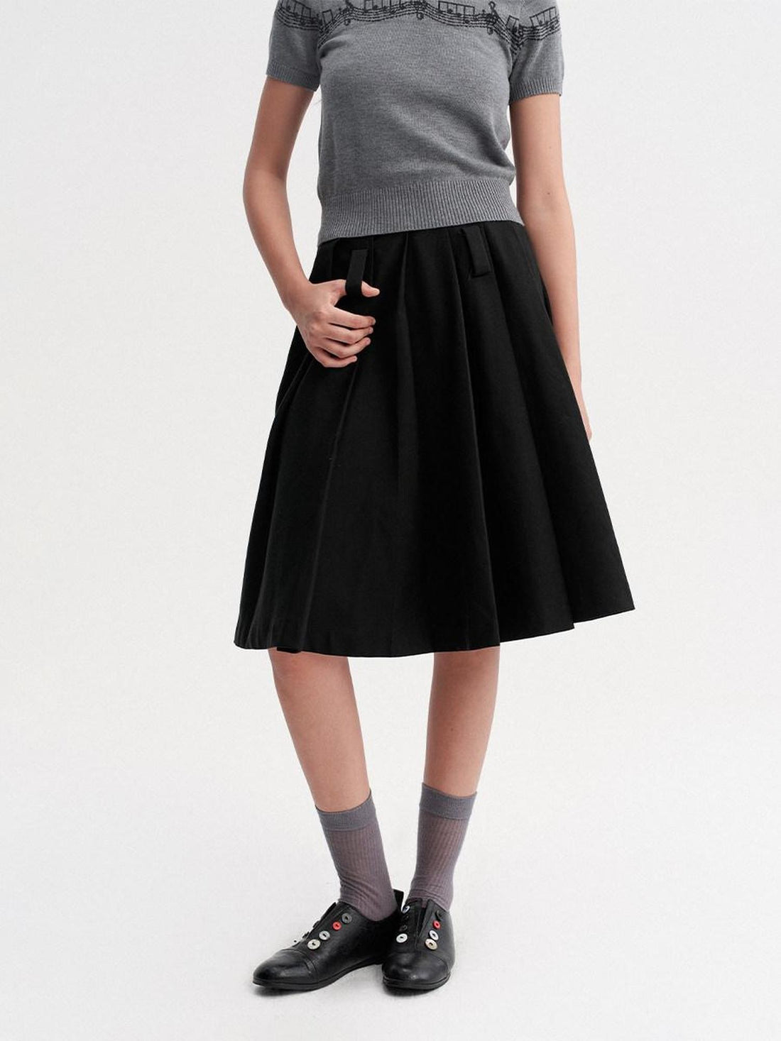 DKZ OFFICIAL Black Pleated Midi Relaxed Fit Mid Waist Women&