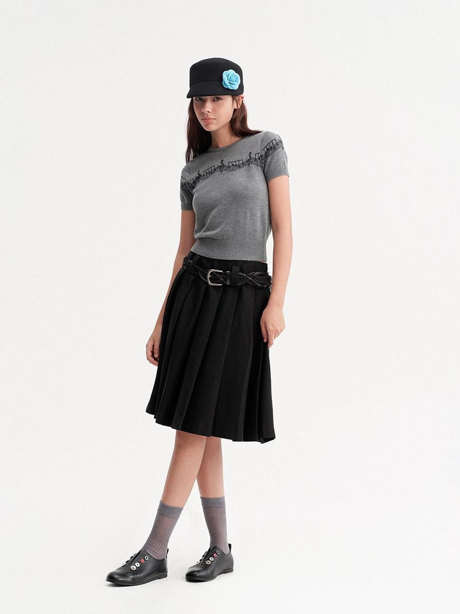 DKZ OFFICIAL Black Pleated Midi Relaxed Fit Mid Waist Women&