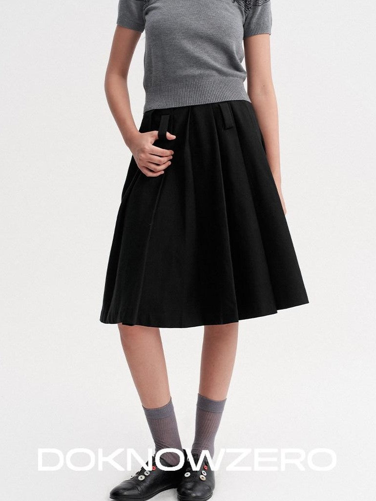 DKZ OFFICIAL Black Pleated Midi Relaxed Fit Mid Waist Women&