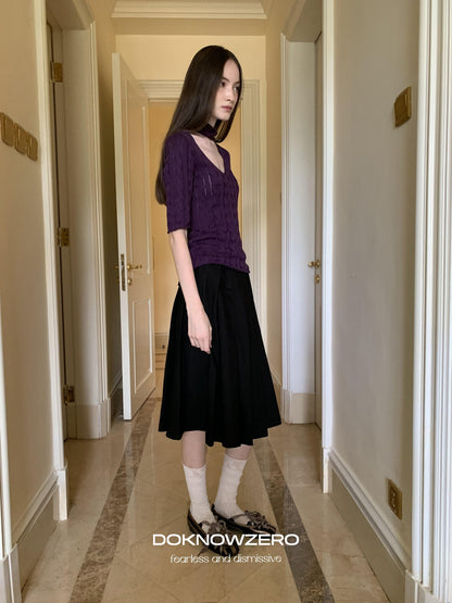 DKZ OFFICIAL Black Pleated Midi Relaxed Fit Mid Waist Women&