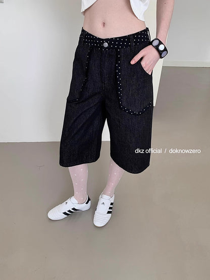 DKZ_OFFICIAL_Black_Polka_Dot_Patchwork_Denim_Mid_Length_Shorts_MISSTT