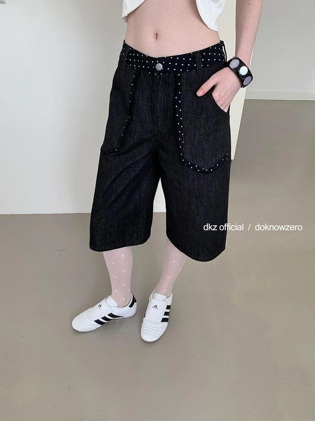 DKZ OFFICIAL Black Polka Dot Patchwork Denim Mid Length Shorts