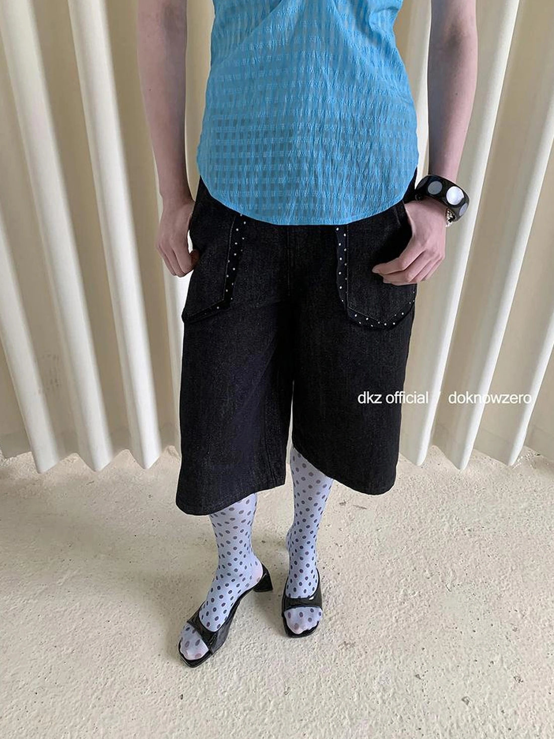 DKZ OFFICIAL Black Polka Dot Patchwork Denim Mid Length Shorts