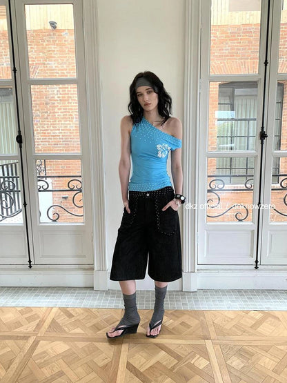 DKZ OFFICIAL Black Polka Dot Patchwork Denim Mid Length Shorts