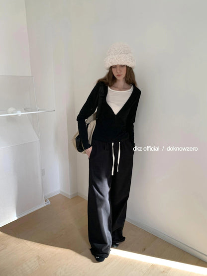 DKZ OFFICIAL Black Relaxed Wide Leg Pants with Raw Hem
