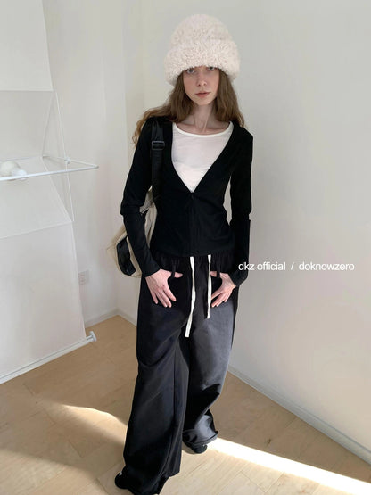 DKZ OFFICIAL Black Relaxed Wide Leg Pants with Raw Hem