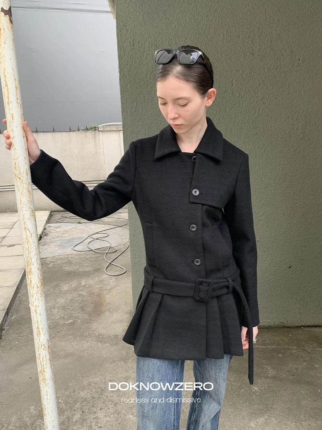 DKZ OFFICIAL Black Retro Patchwork Hem Wool Blend Coat