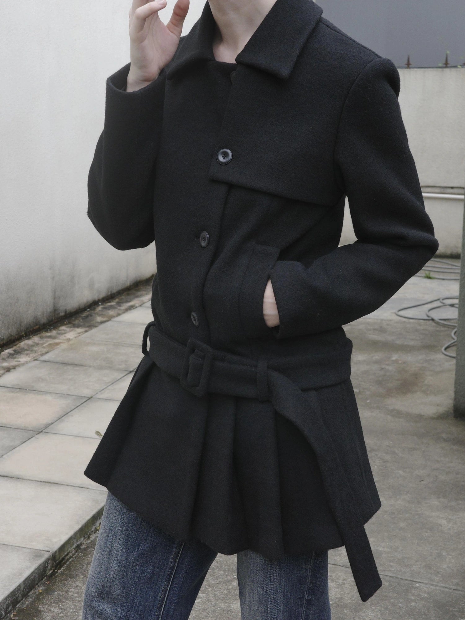 DKZ OFFICIAL Black Retro Patchwork Hem Wool Blend Coat