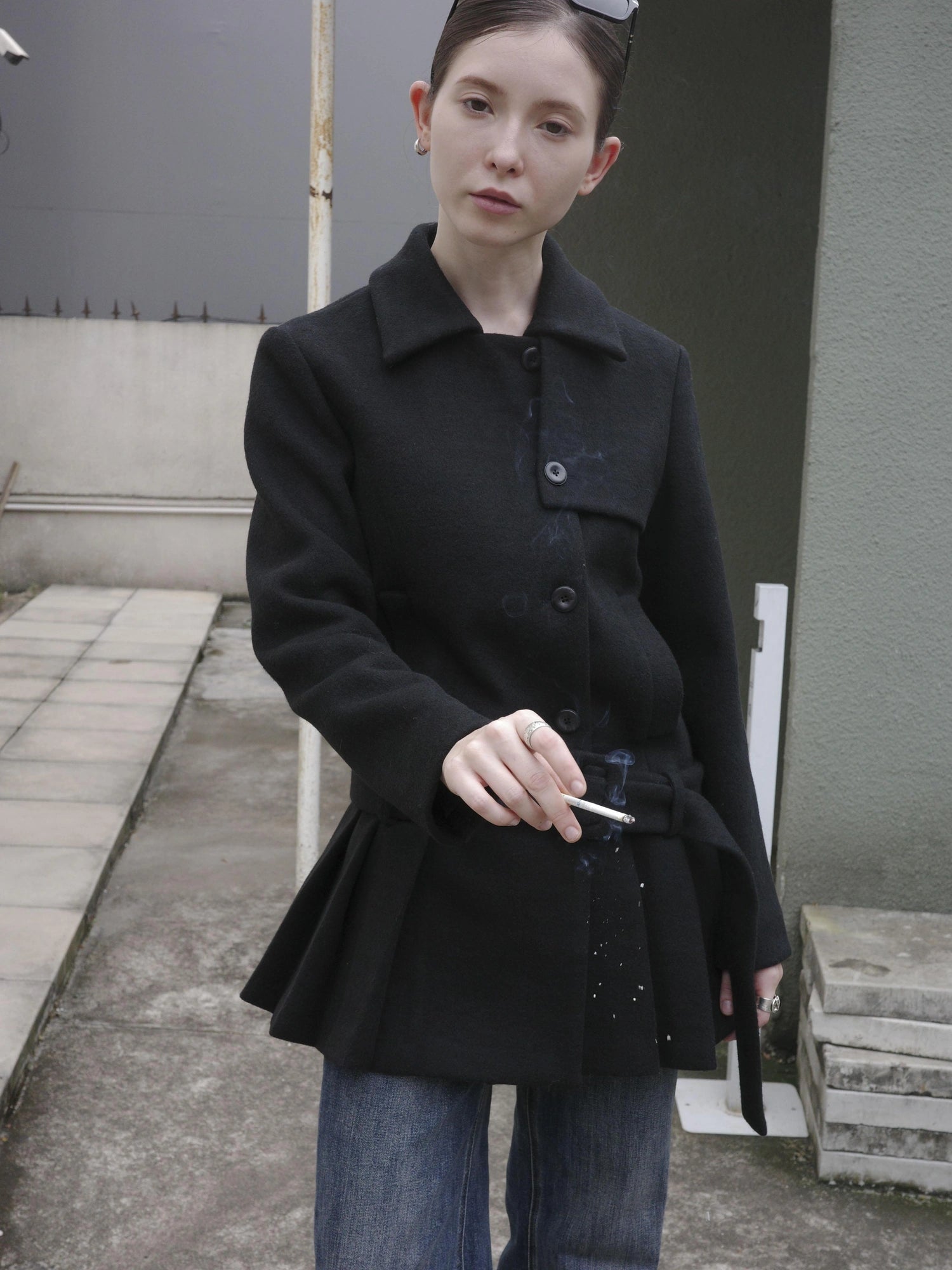 DKZ OFFICIAL Black Retro Patchwork Hem Wool Blend Coat